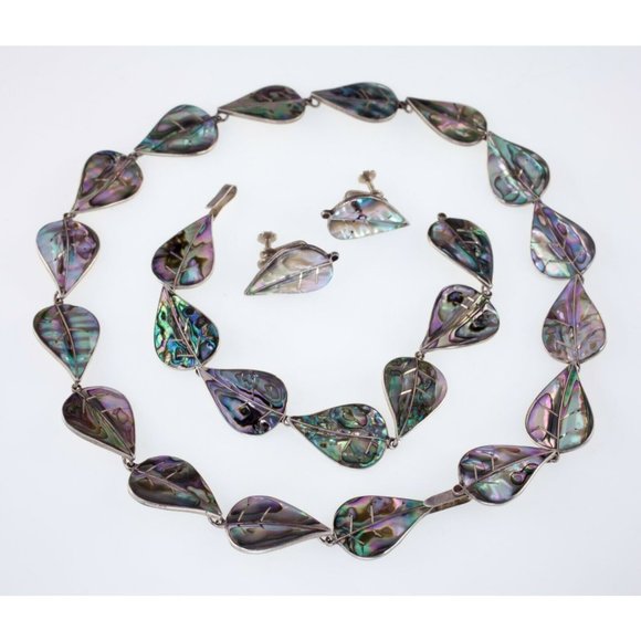 Vintage Taxco Abalone Necklace Bracelet & Earrings Set
